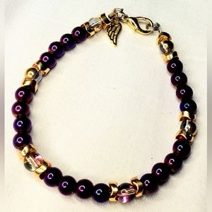 Purple Hematite and Golden Angel Wing Charm Bracelet